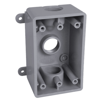 Caja Impermeable / 1 Gang / 3 Salidas Roscadas 1/2 - 3/4 in / Profundidad 2 in (5.08 cm) / 16.5 in³ / Gris