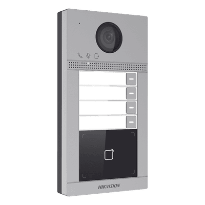 Videoportero IP 2 Megapixel / Llamada y Apertura Remota desde App Hik-Connect (Requiere monitor )/ PoE / Exterior IP65 + Antivandalico IK08 / 4 Departamento / Apertura con Tarjeta / Soporta 2 Puertas y hasta 6 Monitores
