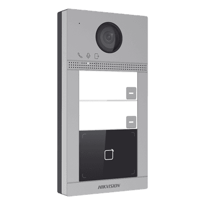 Videoportero IP 2 Megapixel / Llamada y Apertura Remota desde App Hik-Connect (requiere monitor) / PoE / Exterior IP65 + Antivandalico IK08 / 2 Departamentos / Apertura con Tarjeta / Soporta 2 Puertas y hasta 6 Monitores