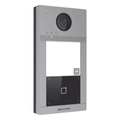 Videoportero IP 2 Megapixel / Llamada y Apertura Remota desde App Hik-Connect / PoE / Exterior IP65 + Antivandalico IK08 / 1 Departamento / Apertura con Tarjeta / Soporta 2 Puertas y hasta 6 Monitores