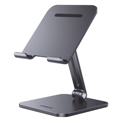 Soporte de Aluminio para IPad & Tablet | Plegable |Angulo Ajustable de 180° y 270° | Base Antideslizante | Protección  de Silicona | Amplia Compatibilidad con dispositivos de 7.9'' a 12.9'' | Aluminio Solido | Color Gris