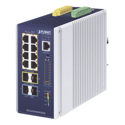 Switch Industrial Administrable Capa 3 / 8 Puertos PoE Gigabit 802.3bt / 2 Puertos SFP 1G/2.5G / 2 Puertos SFP 10G / IP30 / -40 a 75°C / 0.25 x 0.44 x 0.50 ft