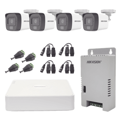 Kit TURBOHD 1080p / DVR 4 Canales / 4 Cámaras con Micrófono Integrado y 101° Visión / Luz Blanca + IR Visión Nocturna / Transceptores / Conectores / Fuente de Poder Profesional Compacta