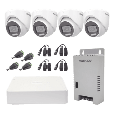 KIT TurboHD 1080p / DVR 4 Canales con audio por coaxitron / 4 Cámaras con Micrófono y  106° Visión/  luz blanca + IR visión nocturna  / Transceptores / Conectores / Fuente de Poder Profesional