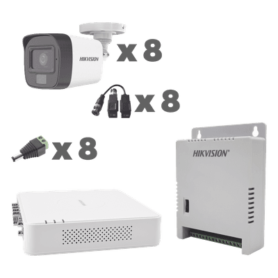 KIT TurboHD 1080p / DVR 8 Canales con audio por coaxitron / 8 Cámaras con Micrófono Integrado 101° Visión/  luz blanca + IR visión nocturna  / Transceptores / Conectores / Fuente de Poder Profesional