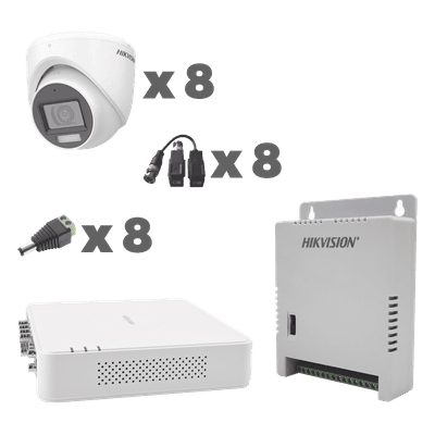 KIT TurboHD 1080p / DVR 8 Canales con audio por coaxitron / 8 Cámaras con Micrófono Integrado 101° Visión/  luz blanca + IR visión nocturna  / Transceptores / Conectores / Fuente de Poder Profesional