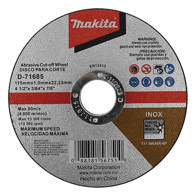 Disco de Corte / 4-1/2 pulg (115 mm) / Inox y Acero / Eje 7/8 pulg (22.23 mm) / Velocidad Máxima 4,800 RPM / 80 m/s