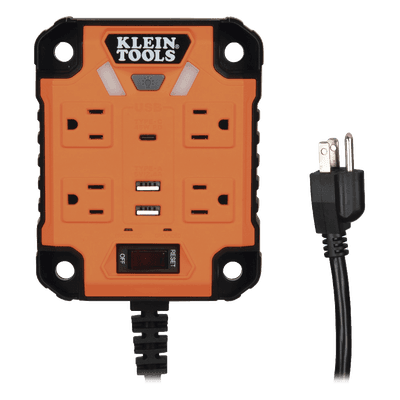 Multicontacto Industrial / 4 Salidas 120 Vca / 2 USB-A y 1 USB-C / Luces LED Integradas / Soporte Magnético / Cable 5' (1.5 m)