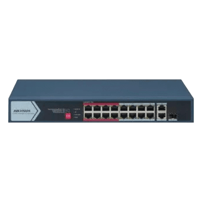 Switch PoE+ / No Administrable / 16 Puertos 10/100 Mbps PoE+ / 2 Puertos 1000 Mbps Uplink / 1 Puerto SFP Uplink / Modo Extendido hasta 300 Metros / 130 W