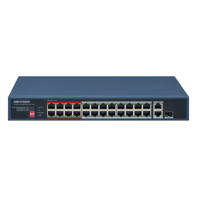 Switch PoE+ / No Administrable / 24 Puertos 10/100 Mbps PoE+ / 2 Puertos 1000 Mbps Uplink / 1 Puerto SFP Uplink / Modo Extendido hasta 300 Metros / 230 W