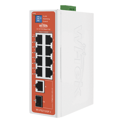 Switch Semi-Industrial / No administrable / 8 puertos 10/100 PoE af/at/bt / 1 puerto Gigabit RJ45 Uplink / 1 puerto SFP Uplink / Presupuesto PoE 110 Watts /