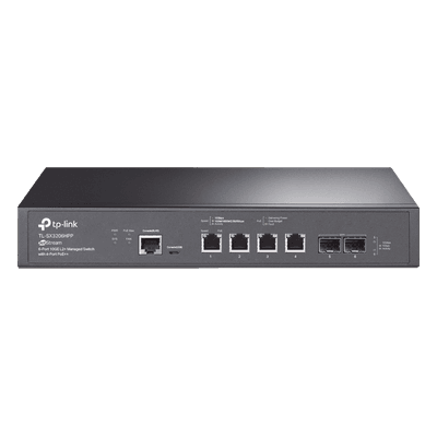 Switch L2+ PoE++ Omada 6 Puertos 10G / 4 Puertos 802.3 af/at/bt  Multi-Gigabit  1G, 2.5G, 5G, 10G / 2 Puertos SFP+ 10G / Multicast IGMP / Adminstración Centralizada Omada o Stand-Alone / Presupuesto PoE 200W / Montaje Rack-Escritorio