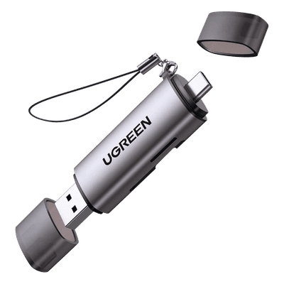 Lector de Tarjetas USB-C + USB-A a MicroSD (TF)/SD | OTG | USB-C 3.1 | 5Gbps | Soporta hasta 2TB | Soporta Windows/Mac OS/Linux/Android | Lectura de Tarjetas Simultánea | Caja de Aluminio | Llavero Anti-perdida.