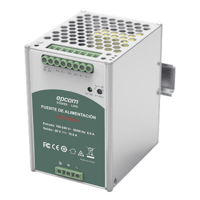 Fuente de Poder Industrial / 48 VCC @ 10A / 480W / Entrada Universal 100-240 VCA / Operación -20°C a 70°C / Riel DIN