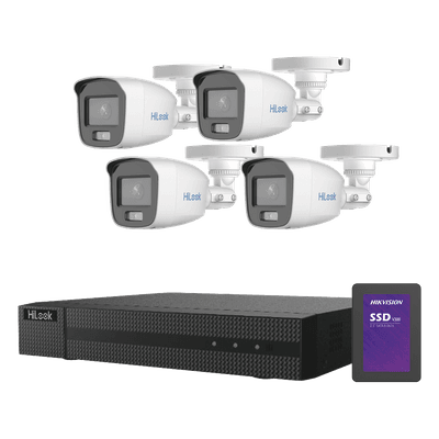 Kit TurboHD 1080p + SSD 1 TB / DVR 4 Canales / 4 Cámaras Bala ColorVu con Micrófono Integrado / Fuente de Poder / Accesorios de Instalación