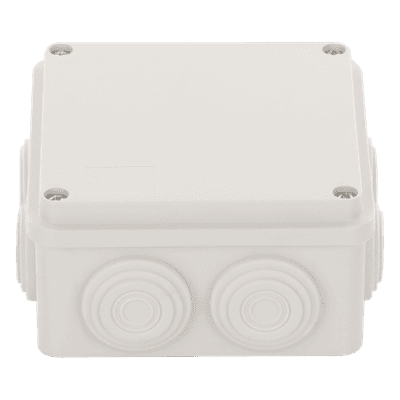 Caja Derivación-Conexión de Plástico (100 X 100 X 54 mm) con 7 Glándulas de Goma. Para Instalaciones Comerciales, Residenciales e Industriales. Incluye Tornillería para su Tapa.