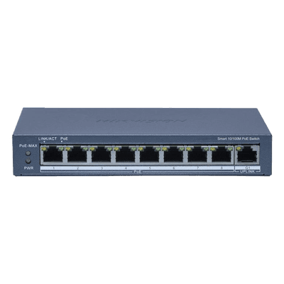 Switch PoE+ / Monitoreable / 8 Puertos 10/100 Mbps PoE+ / 1 Puerto 1000 Mbps Uplink /  Configuración Nube Hik-Partner Pro / Modo Extendido hasta 300 metros / 60 W