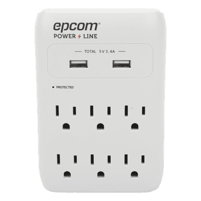 Multicontacto de Pared / 6 Salidas NEMA 5-15R / Supresor de Picos 1080 J / 2 x USB-A 5V/3.4A / 1800W / Filtro EMI/RFI 40 dB