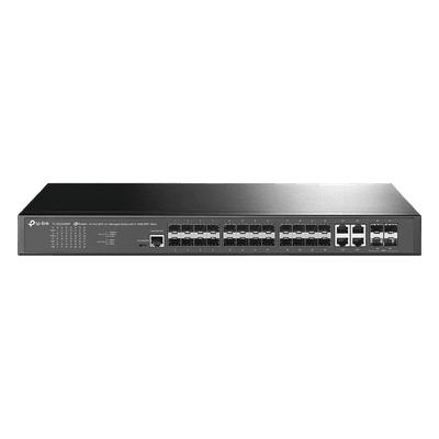 Switch de Fibra Óptica L2+ Omada / 24 puertos SFP 1GE / 4 Puertos Combinados SFP+/RJ45 Gigabit / 2 Puertos Consola RJ45|micro-SUB / Administración Centralizada Omada o Stand-Alone / Compatile con IPv6 /  Multicast IGMP