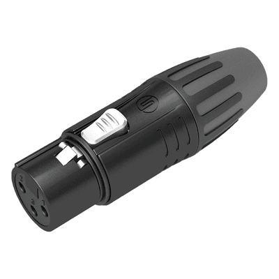 Conector XLR Hembra / Carcasa Metálica Negra / Contactos Chapados en Plata / Abrazaderas 3.5-8 mm / Diseño Compacto Sin Anillo