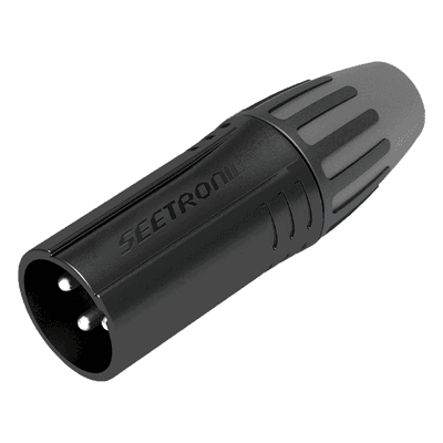 Conector XLR Macho / Chapado en Plata / Carcasa Metálica Negra / Cables 3.5 a 8 mm / Sin Anillo / Protección Poliuretano