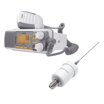 Kit de radio marina con antena de fibra de vidrio / 25W / LCD grande / GPS y DSC Clase D / IPX4 / 4.5m (14.8 ft) de cable