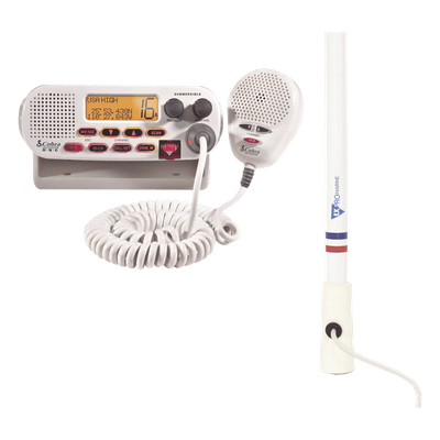 Kit de radio marina / 25 W / Antena fibra de vidrio 2.4 m / 7.9 ft / Cable RG-58 4.5 m / 14.8 ft / DSC / Triple cobertura canales