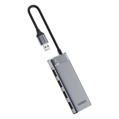 HUB USB-A 3.2 Gen1 4 EN 1 | 4 Puertos USB-A (5Gbps) | Carcasa ABS + PC | Soporta OTG | Luz Indicadora LED | Cable de Nylon Trenzado de 20cm (Mas de 20000 flexiones) | Interfaz Niquelada | Color Gris Metalizado.