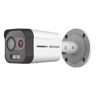 Cámara Bala IP Térmica y Óptica Biespectral / Análisis de Video (VCA) para Protección Perimetral / Clasifica Vehículo/Humano / Térmica 96 x 72 / Óptica 4 MP ColorVu / IP67 / Audio y Alarma Visual