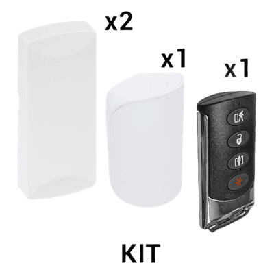 Kit de Sensores Inalámbricos / 2 Contactos Magnéticos / 1 PIR Inmune a Mascotas 38 kg / 1 Llavero Remoto 4 Botones / 433 MHz / Alcance 12 m (39.4 ft)