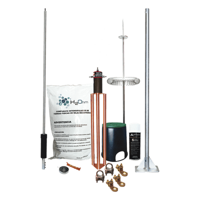 Kit de Pararrayo Dipolo Corona / Ángulo de Protección 72° / Mástil 1.2 m (3.9 ft) / Electrodo 45A / Mejorador de Suelo 11 kg / Base Plana Integrada