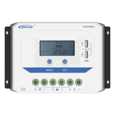 Controlador de Carga Solar PWM / 60A / Auto 12/24/36/48V / Pantalla LCD / USB Dual 5V 2.4A / Tierra Positivo Común