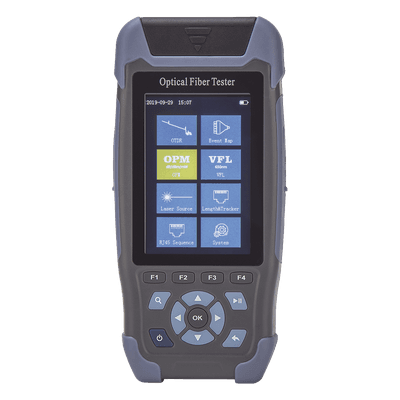 Mini OTDR / Fibra Óptica Monomodo / 1310 nm y 1550 nm / Rango Dinámico 24 dB/22 dB / Distancia 64 km (39.77 mi) / VFL 10 mW / Pantalla 3.5" / 12 h Autonomía