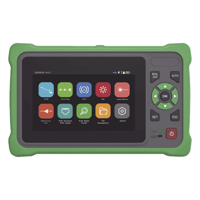OTDR Touch / Longitudes de Onda 1310nm y 1550nm / Rango Dinámico 26/24 dB / VFL 10mW / OPM / Mapeo de Cables RJ45 / Batería 5000 mAh / Alcance hasta 260 km