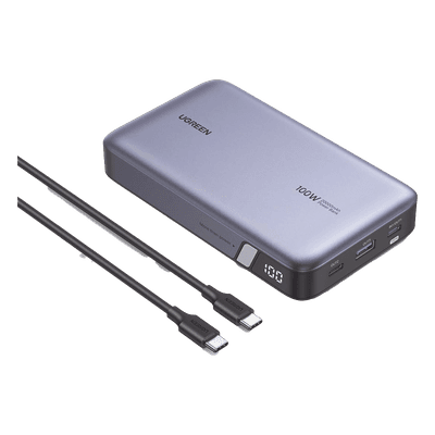 Power Bank de 20000mAh | 3 Salidas 100W Max. | USB-A + 2 USB-C | PD 3.0 | QC3.0 | FCP | SCP | Pantalla Inteligente | Carcasa Ignifuga | Color Gris | Incluye Cable USB de 50cm | Carga tu Laptop de Manera Segura.