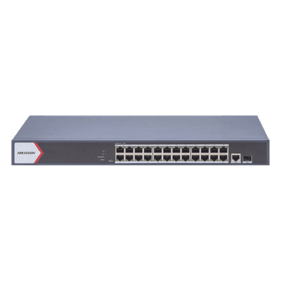 Switch Gigabit PoE+ / Administrable / 24 Puertos 1000 Mbps PoE+ / 1 Puerto 1000 Mbps Uplink  / 1 Puertos SFP Uplink / Configuración Nube Hik-Partner Pro / Modo Extendido hasta 300 Metros / 230 W