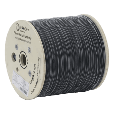 Carrete de 2 Kilómetros de Fibra Óptica Drop Plana, Interior/Exterior G.657A2 Monomodo de 1 Hilo (Unifibra), Dieléctrica, Forro Negro, Compatible con Conectores FASC, FASCUP, FASCLC