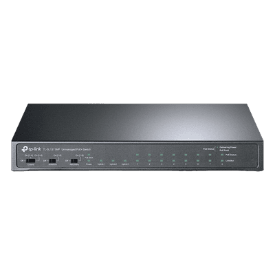 Switch PoE+ No Administrable de Escritorio / 11 Puertos / 8x PoE+ 10/100 Mbps / 2x Gigabit / 1x SFP / Presupuesto 124 W / Alcance Extendido 250 m / 0.56 x 0.32 x 0.09 ft