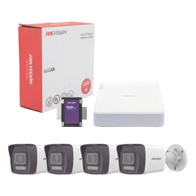 Kit IP 4 Megapixel / NVR de 4 Canales con 4 Puertos PoE / 4 Cámaras IP Bala Dual Light (IR + Luz Blanca) con Microfono Integrado y ACUSENSE Lite para Exterior/ Bobina de Cable de 100 mts / SSD de 1 TB