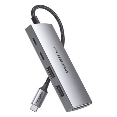 HUB USB-C 3.2 4 en 1 | 2 Puertos USB-C 3.2 (10 Gbps) | 2 Puertos USB-A 3.2 (10 Gbps) |  Admite OTG | Compatible con MacBook, Chormebook, iMac, iPad Pro, iOS, Windows, Mac OS, Android | Carcasa de Aluminio | Nylon Trenzado.