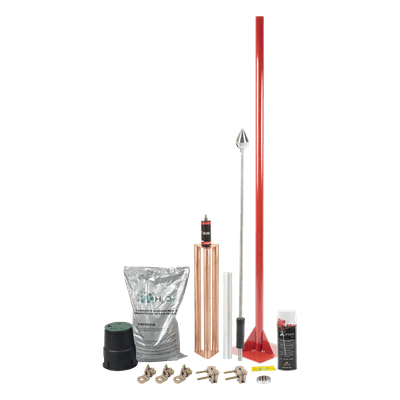 Kit Pararrayos / Protección 80 m (262.5 ft) de Diámetro / Punta con Mástil 1.2 m (3.9 ft) / Electrodo 100A / Mejorador de Suelo H2OHM / Conectores de Bronce / Aluminio Magnetoactivo