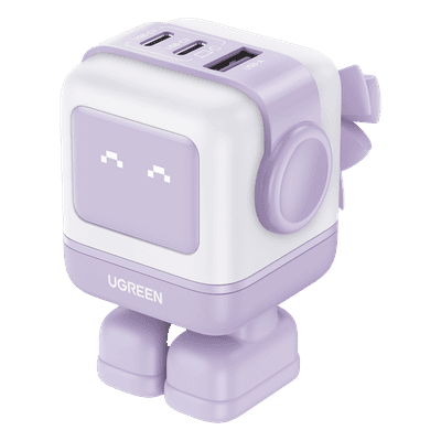 Cargador RobotGaN de 65W Serie UNO | 3 Puertos de Carga Rápida | 2 USB-C | 1 USB-A | PD 3.0 | QC 4.0 | Carga Inteligente | Tecnología GaN II | Zapato Magnético Extraíble | Carcasa Ignífuga | Pantalla LED