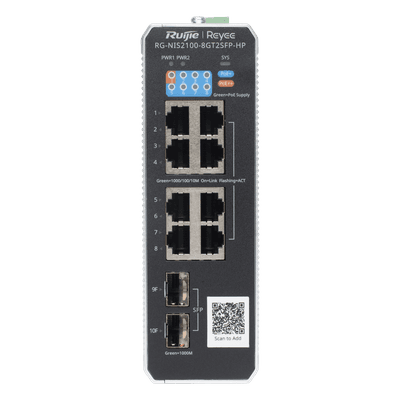 Switch Industrial PoE+ / 8 Puertos Gigabit / 1 PoE++ 60W / 7 PoE+ 30W / 2 SFP Uplink / 300W Total / Capacidad 20 Gbps / Layer 2