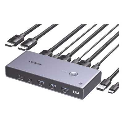 Conmutador KVM DisplayPort 8K | DP 1.4 | 2 Entradas 1 Salida | 4 Puertos USB 3.0 (3 USBA *1 USBC) | Soporta 8K@60Hz | HDR | Control de Escritorio | Carcasa de Aluminio | Indicador Led | Compatible Win, MacOs y Linux.