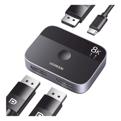 Conmutador DP 1.4 8K | Display Port Splitter 2 Entradas a 1 Salida | Bidireccional | 3D | HDR10+ | Dolby Atmos | 240Hz | 48Gbps | Compatible Free-Sync/G-Syng | Sincronización de Audio | Potentes Chips de Última Generación.