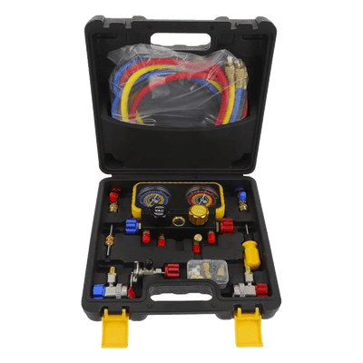 Manómetro de 4 Vías / Compatible con R410A, R32, R134A, R22 / 4 Mangueras 1.5 m / Cuerpo Cobre y ABS / Estuche Incluido