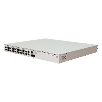 Switch Empresarial / 16 Puertos QSFP28 100 Gbps / 4 Puertos SFP28 25 Gbps / 2 Puertos Ethernet 10 Gbps / CPU ARM 4 Núcleos 2 GHz / 4 GB RAM DDR4 / RouterOS v7