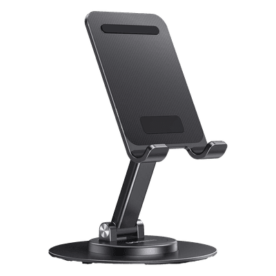 Soporte para Teléfono Celular Giratorio | 360° de Rotación | Angulo Ajustable | Altura Ajustable 17-20cm  | Antideslizante | Ejes Giratorios de Alta Precisión| Plegable | Aluminio | Color Gris