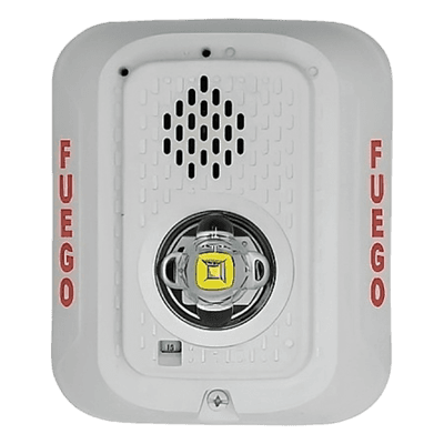 Sirena con Estrobo LED / 2 Hilos / Montaje en Pared / 24 Vcd / Candela Seleccionable / Texto en Español