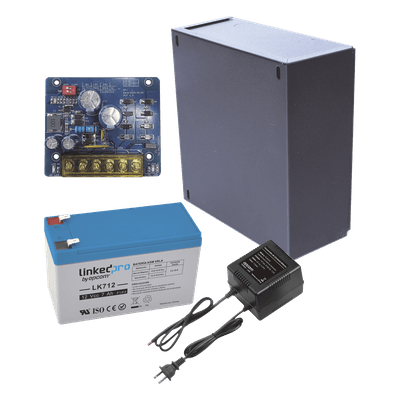 Kit con fuente PLB2 con salida de 12 Vcc a 2.5 Amper, incluye transformador y batería de 12 V a 7 Amper